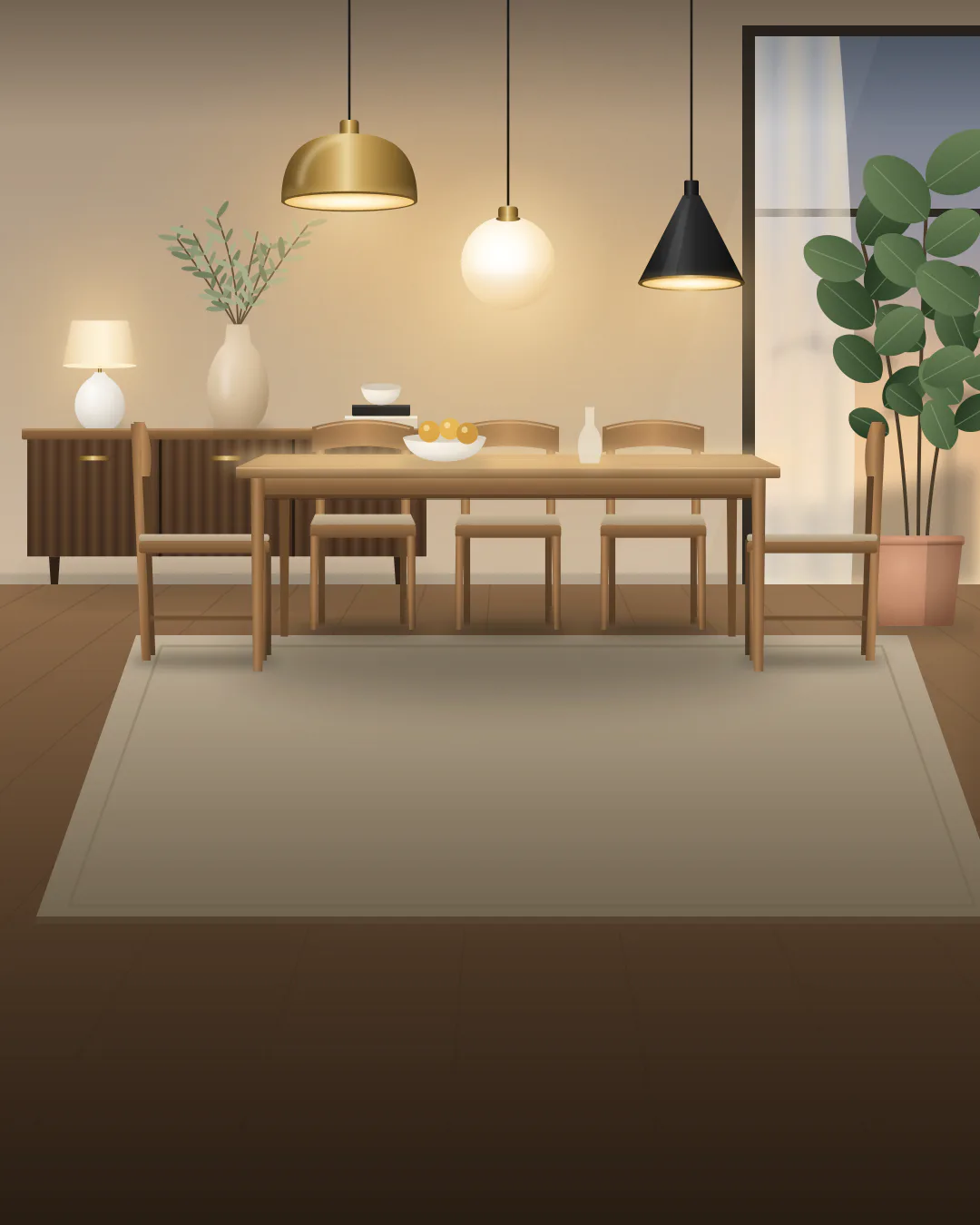A warm dining room lit by three pendant lights