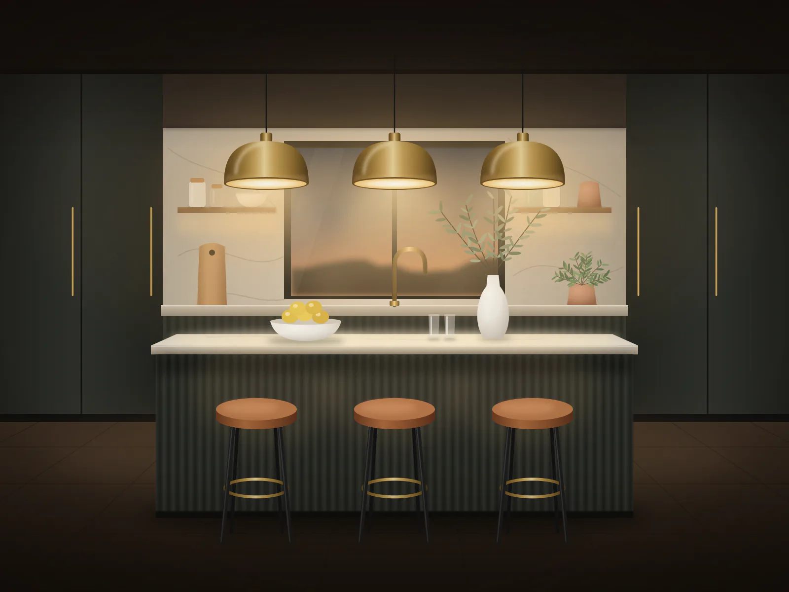 Three glowing brass pendant lights above a kitchen island at dusk