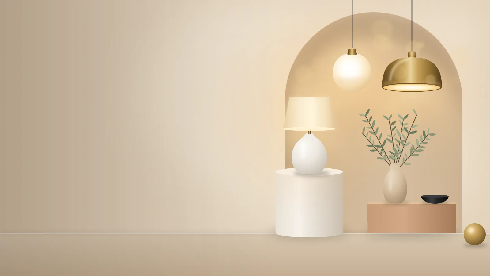 Pendant lights and a ceramic lamp in a warm, softly lit room